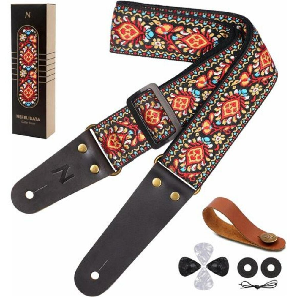 Embroidered Guitar Strap Adjustable Cotton Leather Ends Acoustic Electric Bass